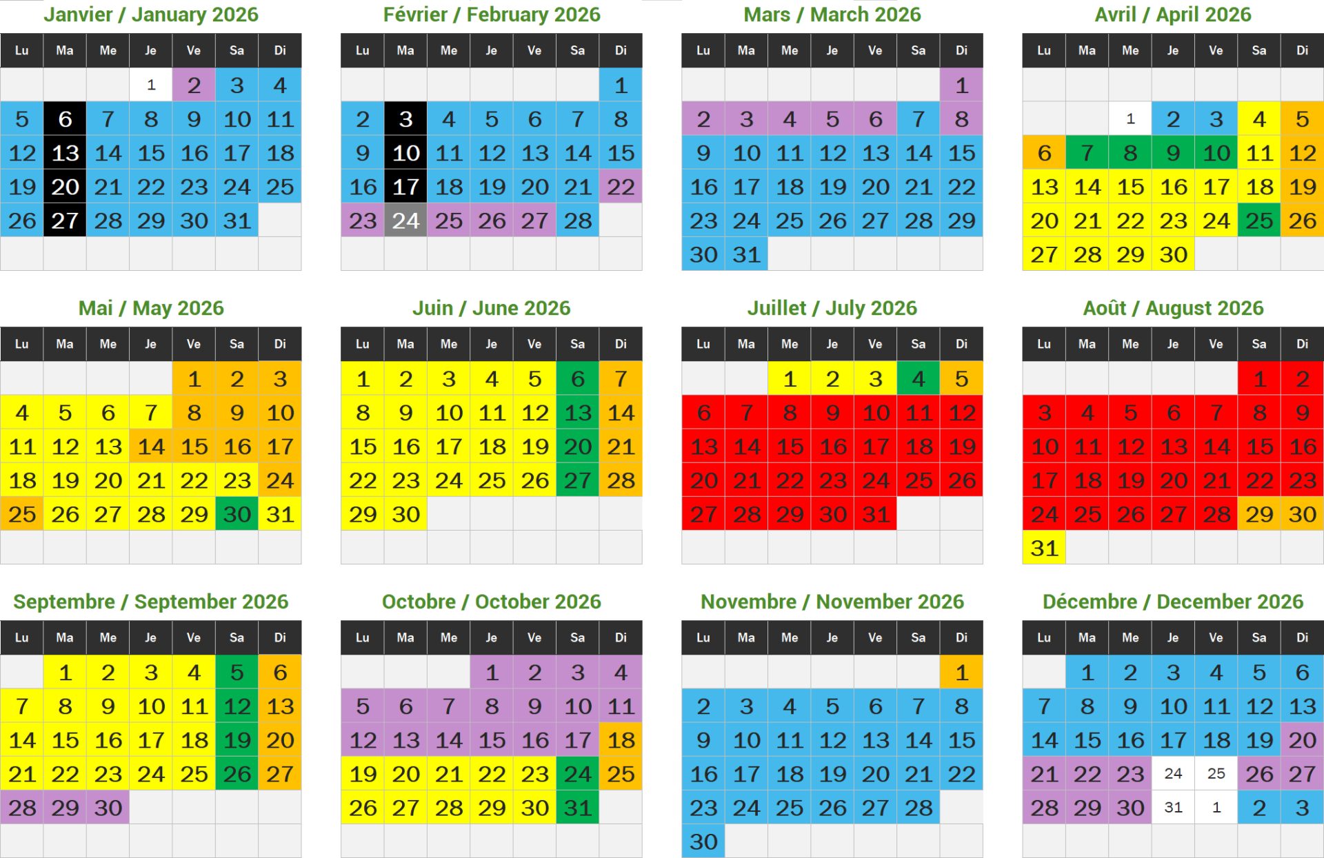 calendrier phosphatieres 2026